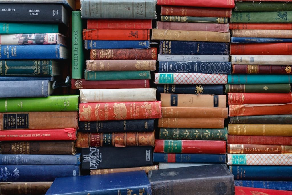 Stacks of vintage classic books photographed on Portobello Road, London — representing the English literary canon