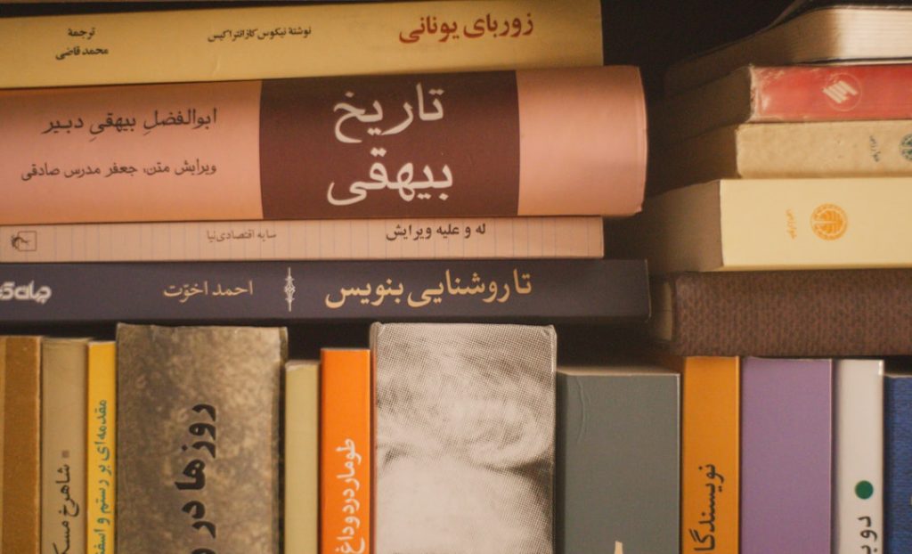 Books with Persian and Urdu script on their spines arranged on a shelf — representing the rich world of Urdu literature
